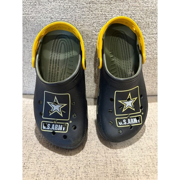 Crocs US Army Clog Shoes Yellow Black Green Youth Size 4/6 - Picture 3 of 7